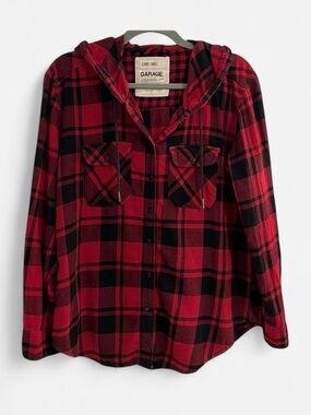 Garage Clothing Red + Black Plaid Flannel Shirt with Hood